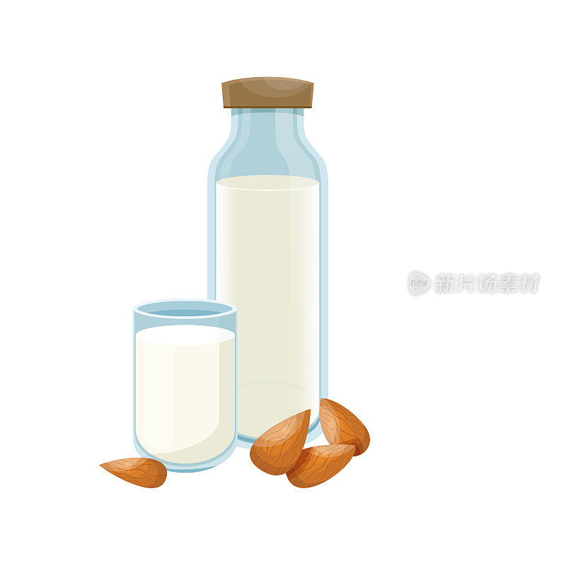 Almond milk in a glass bottle. Healthy lifestyle. Vegetable milk. Almond vegan milk in a bottle. Vector.